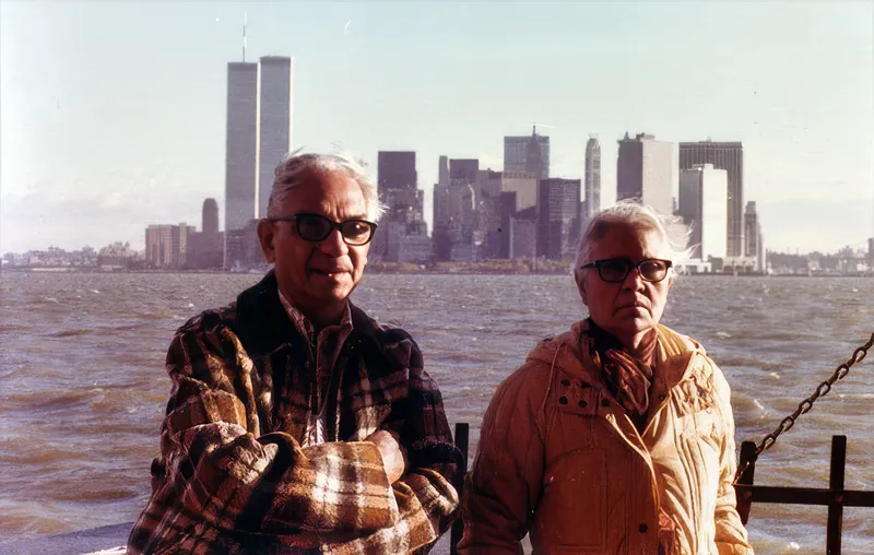 Babuji and Bhauji — New York City: Vice Chancellor J.C. Dixit and Mrs. Kalawati Dixit visiting New York City from their home in Bhopal in November 1979. The twin towers of the World Trade Center can be seen on the Manhattan skyline in the background.